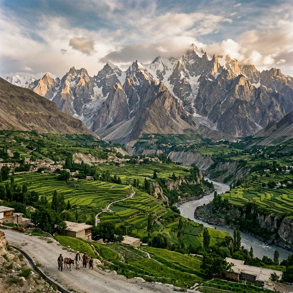 Terraced green fields and river beneath rugged snow-capped mountains